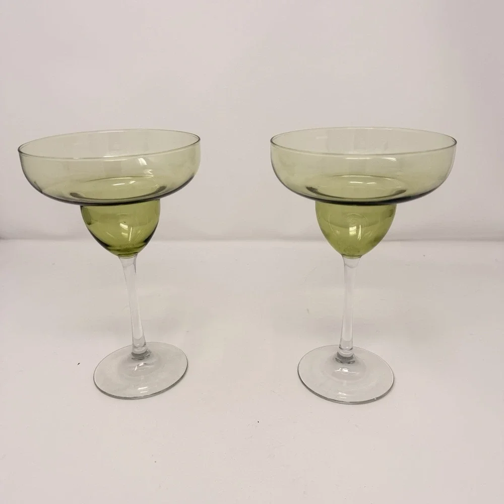 2 Hand-Blown Avocado Green Margarita Glasses with Clear Stems‎ - 7 1/2